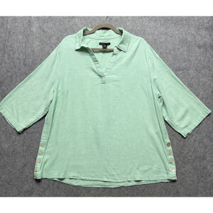 Tahari Shirt Womens 1X Green Linen Blend Tunic Top 3/4 Sleeve Side Button